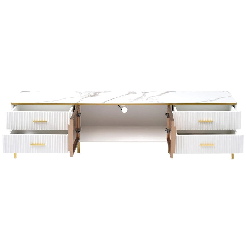 TV Stand Media Console with Glass Cabinet Doors and Gold Legs – Gold+Black / Gold+White, 1-Unit