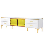 TV Stand Media Console with Glass Cabinet Doors and Gold Legs – Gold+Black / Gold+White, 1-Unit
