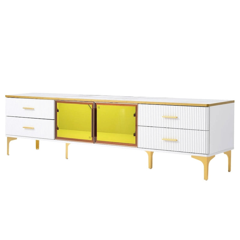 TV Stand Media Console with Glass Cabinet Doors and Gold Legs – Gold+Black / Gold+White, 1-Unit