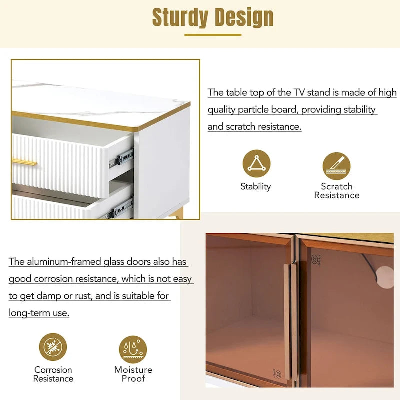 TV Stand Media Console with Glass Cabinet Doors and Gold Legs – Gold+Black / Gold+White, 1-Unit