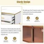 TV Stand Media Console with Glass Cabinet Doors and Gold Legs – Gold+Black / Gold+White, 1-Unit