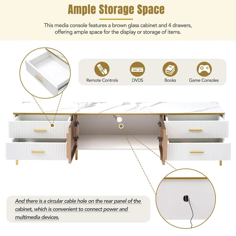 TV Stand Media Console with Glass Cabinet Doors and Gold Legs – Gold+Black / Gold+White, 1-Unit