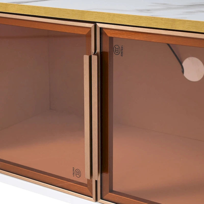 TV Stand Media Console with Glass Cabinet Doors and Gold Legs – Gold+Black / Gold+White, 1-Unit