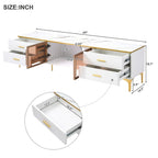 TV Stand Media Console with Glass Cabinet Doors and Gold Legs – Gold+Black / Gold+White, 1-Unit