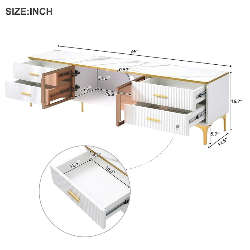 TV Stand Media Console with Glass Cabinet Doors and Gold Legs – Gold+Black / Gold+White, 1-Unit