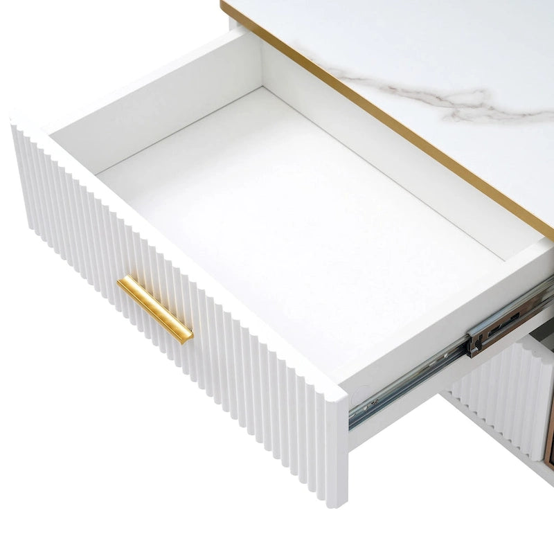 TV Stand Media Console with Glass Cabinet Doors and Gold Legs – Gold+Black / Gold+White, 1-Unit