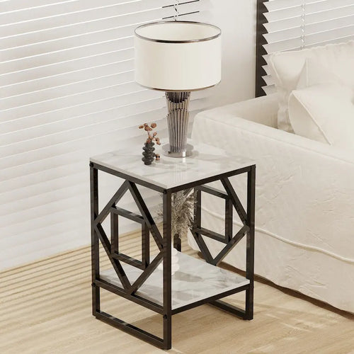 2-Tier Sintered Stone Side Table with Metal Iron Frame – Black / Gold, 1-Unit