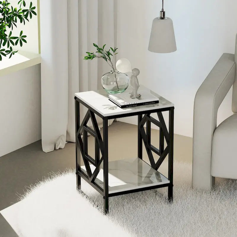 2-Tier Sintered Stone Side Table with Metal Iron Frame – Black / Gold, 1-Unit