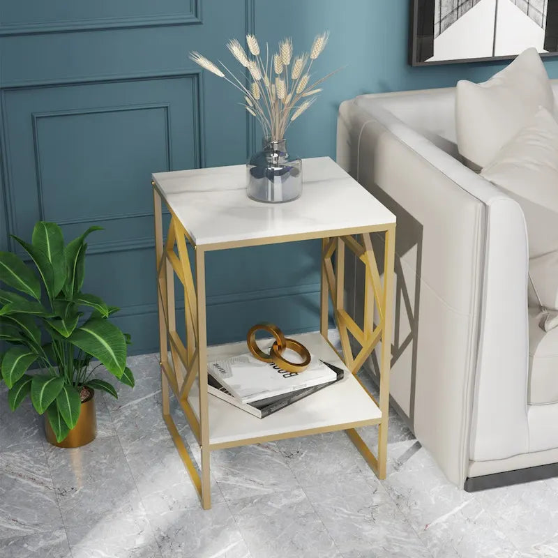 2-Tier Sintered Stone Side Table with Metal Iron Frame – Black / Gold, 1-Unit