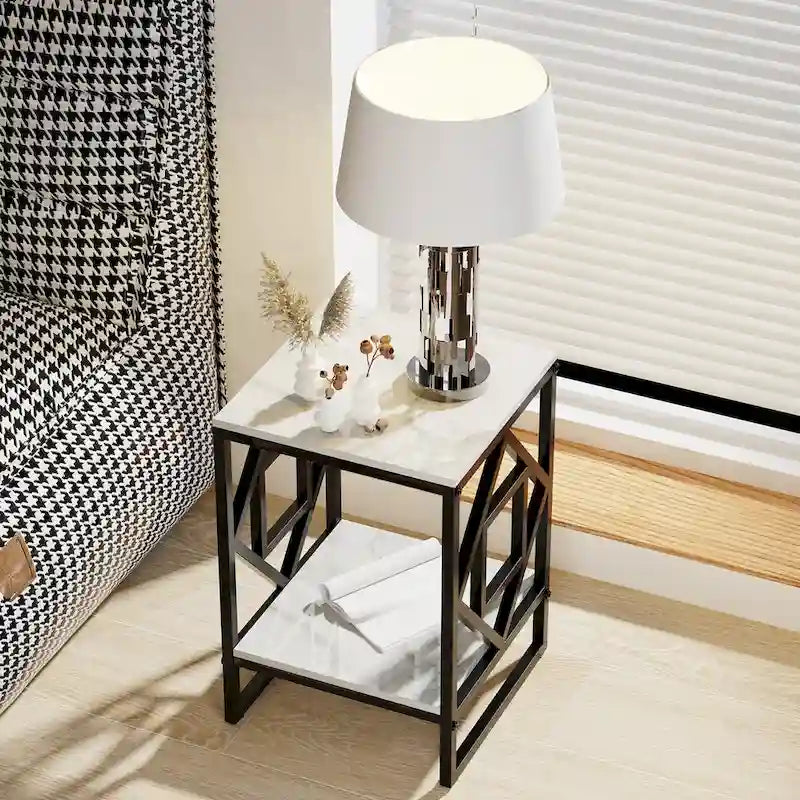 2-Tier Sintered Stone Side Table with Metal Iron Frame – Black / Gold, 1-Unit