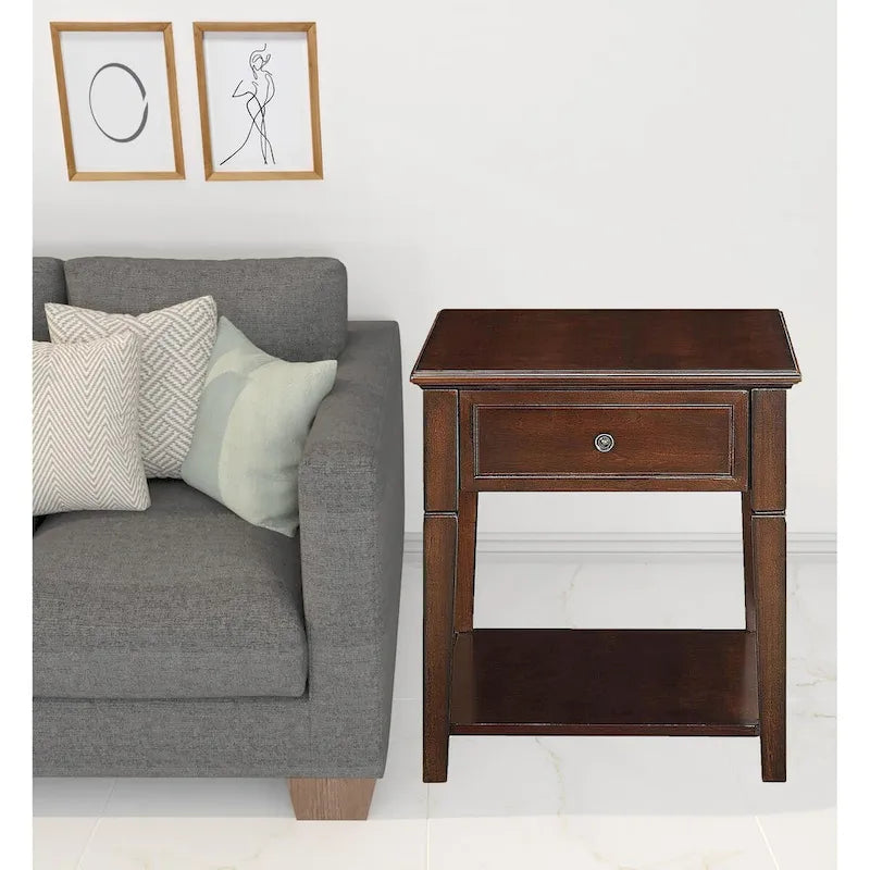 Rectangular End Table with Drawer and Open Shelf – Walnut, Wood Top, 1-Unit