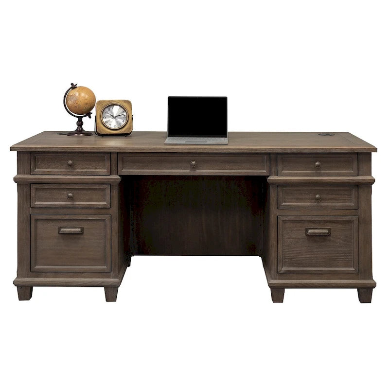 Double Pedestal Executive Desk with Diamond Metal Accents and Antique Hardware – Weathered Gray, 1-Person Use