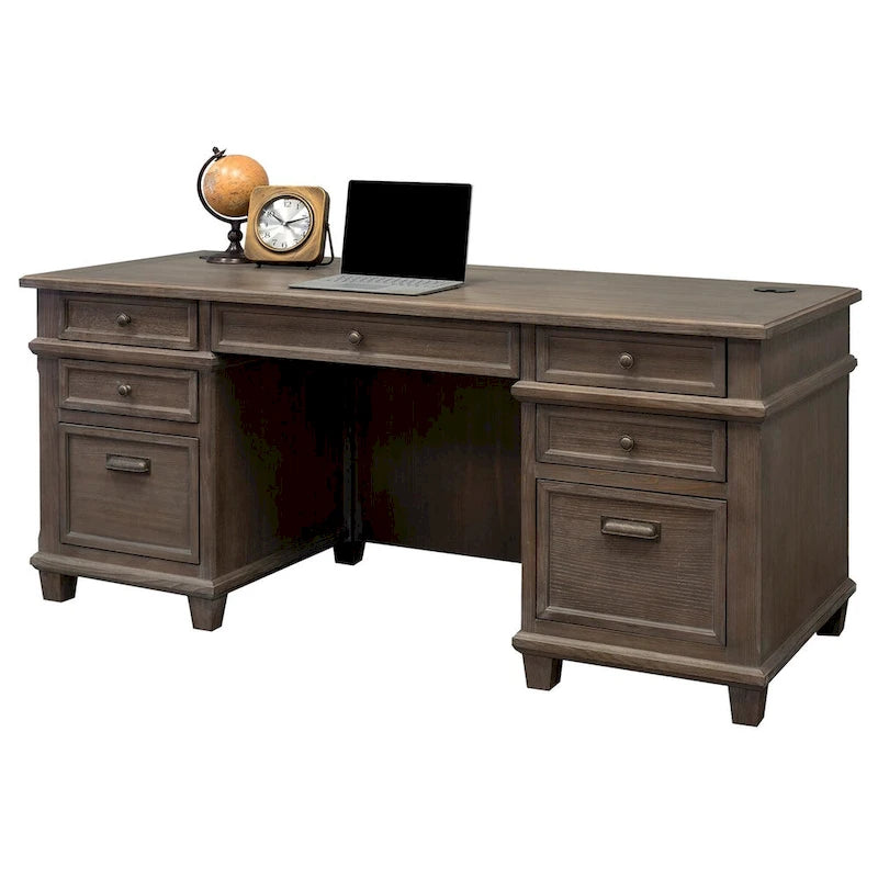 Double Pedestal Executive Desk with Diamond Metal Accents and Antique Hardware – Weathered Gray, 1-Person Use