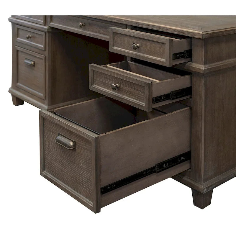 Double Pedestal Executive Desk with Diamond Metal Accents and Antique Hardware – Weathered Gray, 1-Person Use