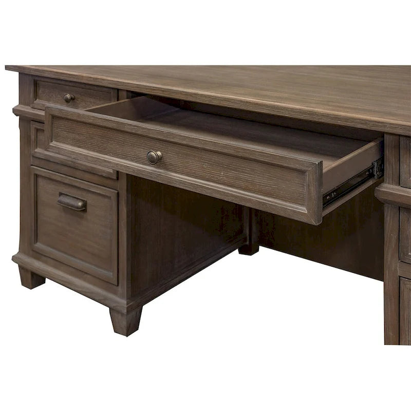 Double Pedestal Executive Desk with Diamond Metal Accents and Antique Hardware – Weathered Gray, 1-Person Use