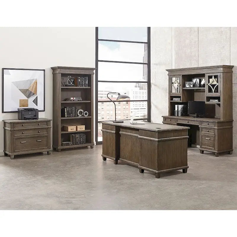 Double Pedestal Executive Desk with Diamond Metal Accents and Antique Hardware – Weathered Gray, 1-Person Use