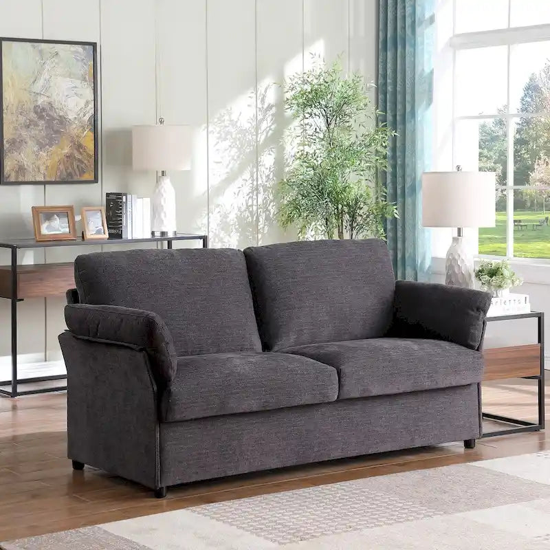 Modern Chenille Loveseat Sofa with Solid Wood Frame – Dark Grey / Beige / Camel, 2-Person Use