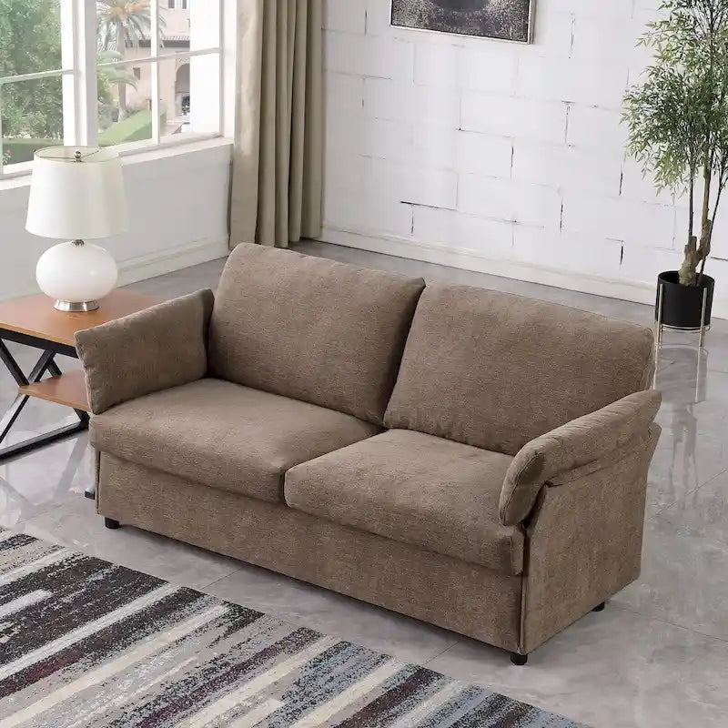 Modern Chenille Loveseat Sofa with Solid Wood Frame – Dark Grey / Beige / Camel, 2-Person Use
