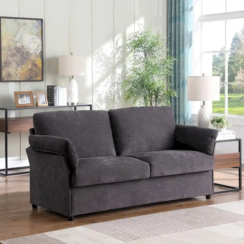 Modern Chenille Loveseat Sofa with Solid Wood Frame – Dark Grey / Beige / Camel, 2-Person Use