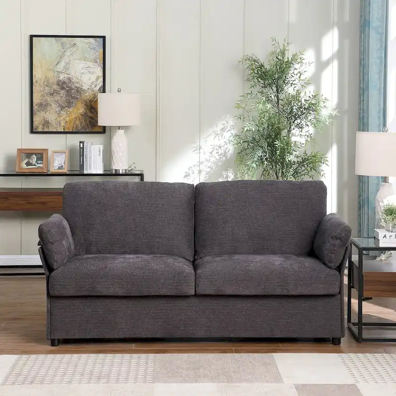 Modern Chenille Loveseat Sofa with Solid Wood Frame – Dark Grey / Beige / Camel, 2-Person Use