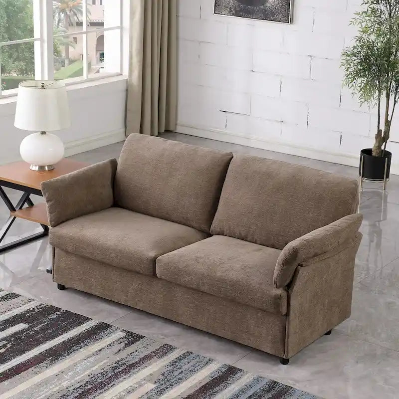 Modern Chenille Loveseat Sofa with Solid Wood Frame – Dark Grey / Beige / Camel, 2-Person Use