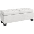 Button-Tufted Linen Storage Bench with Steel Frame and Safety Hinges – Cream White / Gray, 2-Person Use