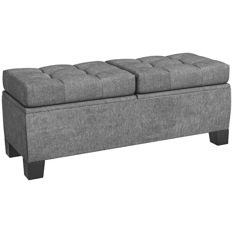 Button-Tufted Linen Storage Bench with Steel Frame and Safety Hinges – Cream White / Gray, 2-Person Use