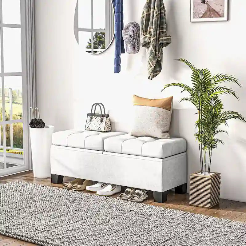 Button-Tufted Linen Storage Bench with Steel Frame and Safety Hinges – Cream White / Gray, 2-Person Use