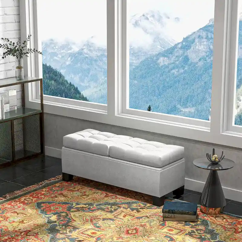 Button-Tufted Linen Storage Bench with Steel Frame and Safety Hinges – Cream White / Gray, 2-Person Use