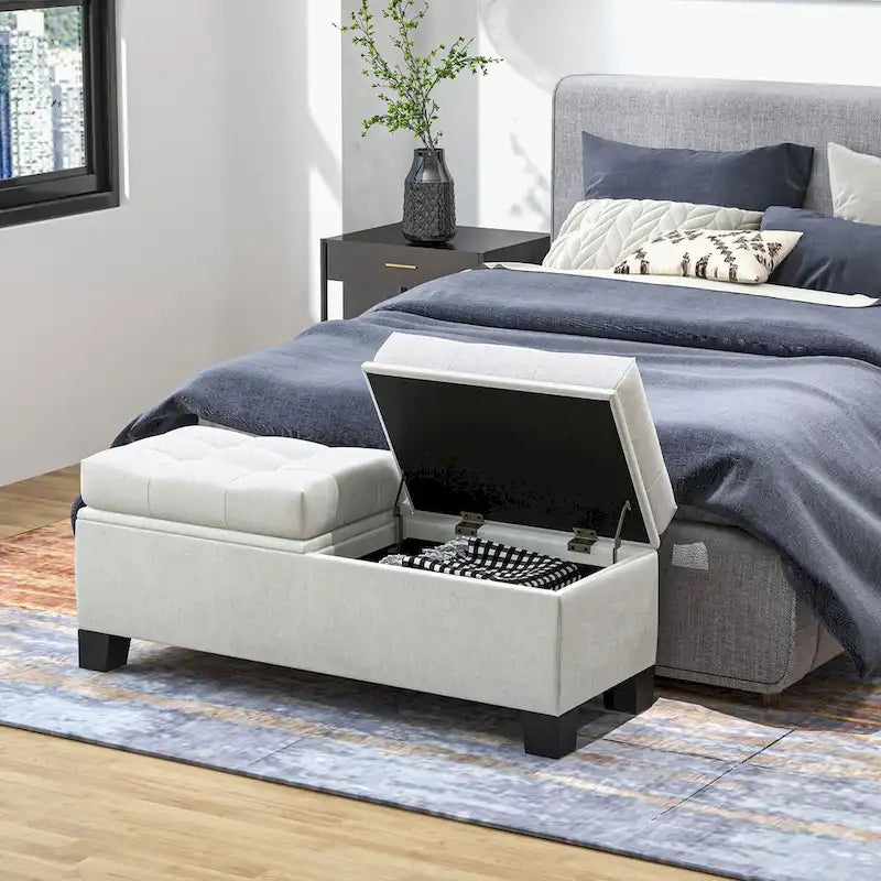 Button-Tufted Linen Storage Bench with Steel Frame and Safety Hinges – Cream White / Gray, 2-Person Use