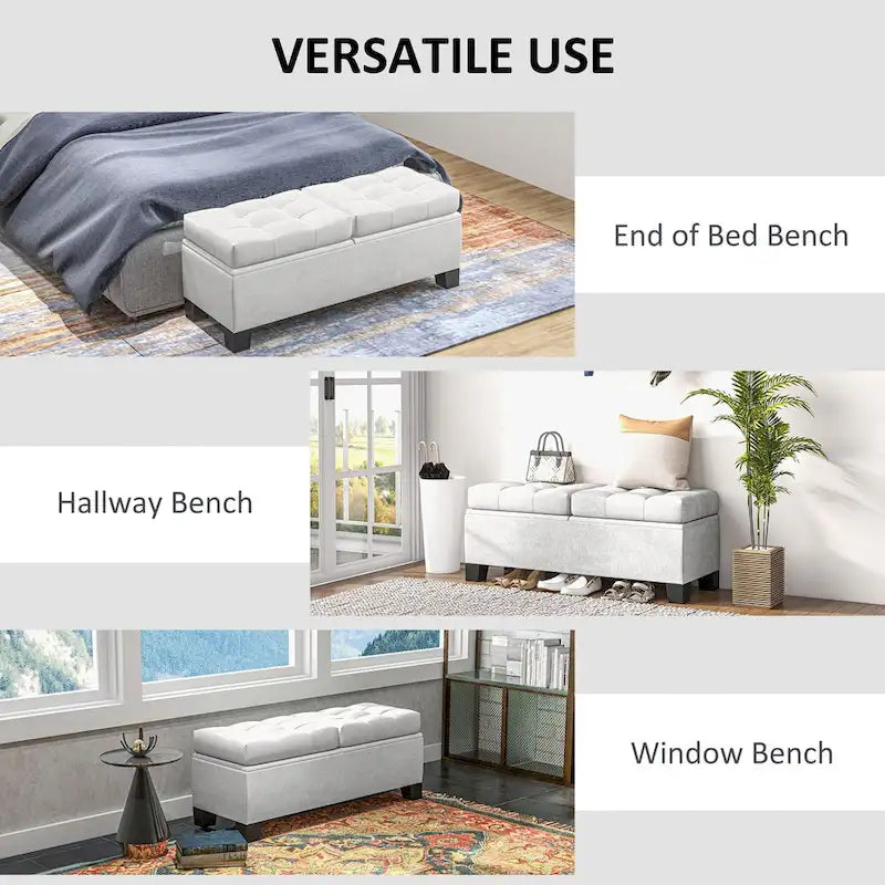 Button-Tufted Linen Storage Bench with Steel Frame and Safety Hinges – Cream White / Gray, 2-Person Use