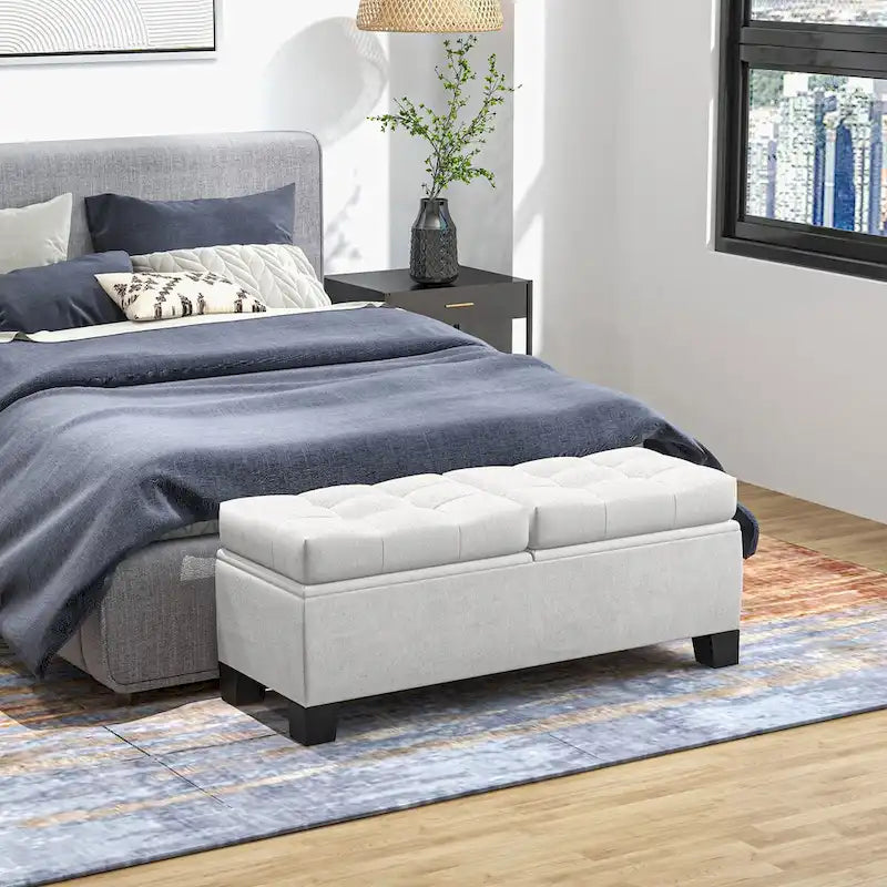 Button-Tufted Linen Storage Bench with Steel Frame and Safety Hinges – Cream White / Gray, 2-Person Use