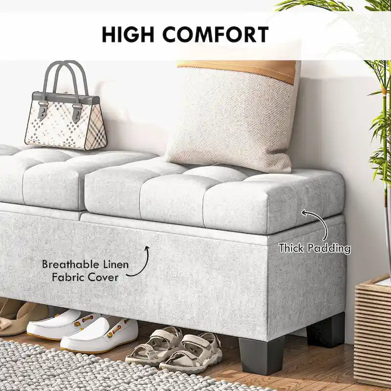 Button-Tufted Linen Storage Bench with Steel Frame and Safety Hinges – Cream White / Gray, 2-Person Use