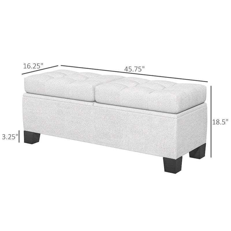 Button-Tufted Linen Storage Bench with Steel Frame and Safety Hinges – Cream White / Gray, 2-Person Use
