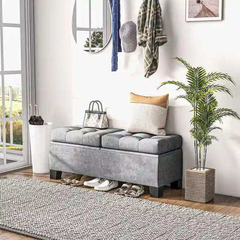 Button-Tufted Linen Storage Bench with Steel Frame and Safety Hinges – Cream White / Gray, 2-Person Use
