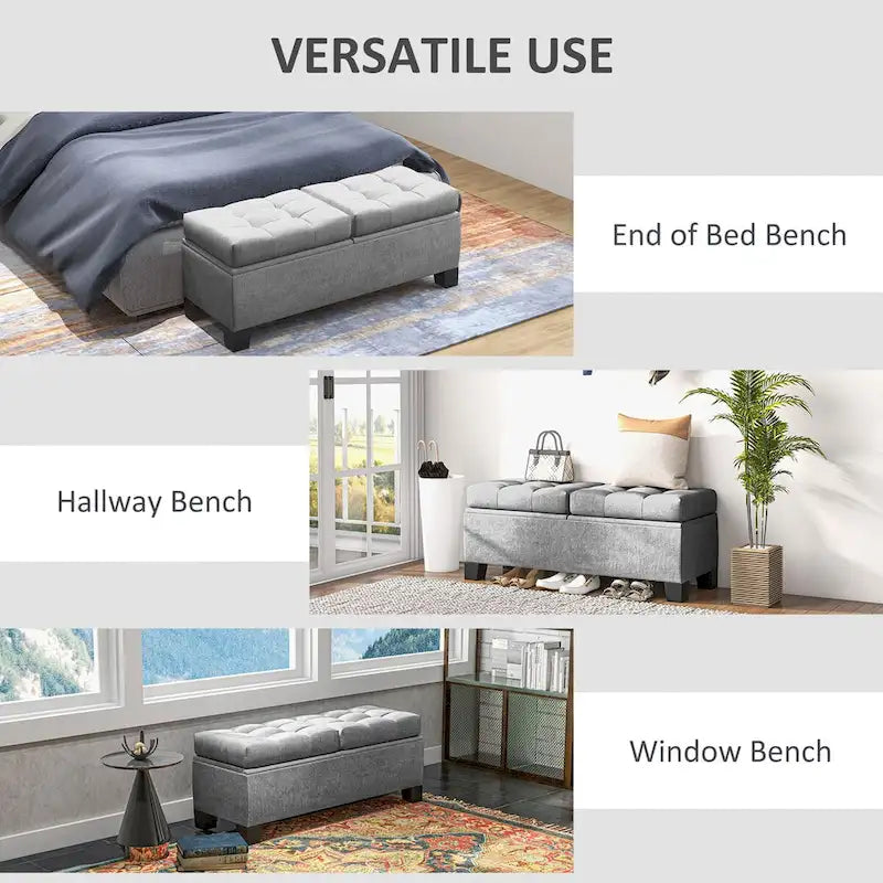 Button-Tufted Linen Storage Bench with Steel Frame and Safety Hinges – Cream White / Gray, 2-Person Use