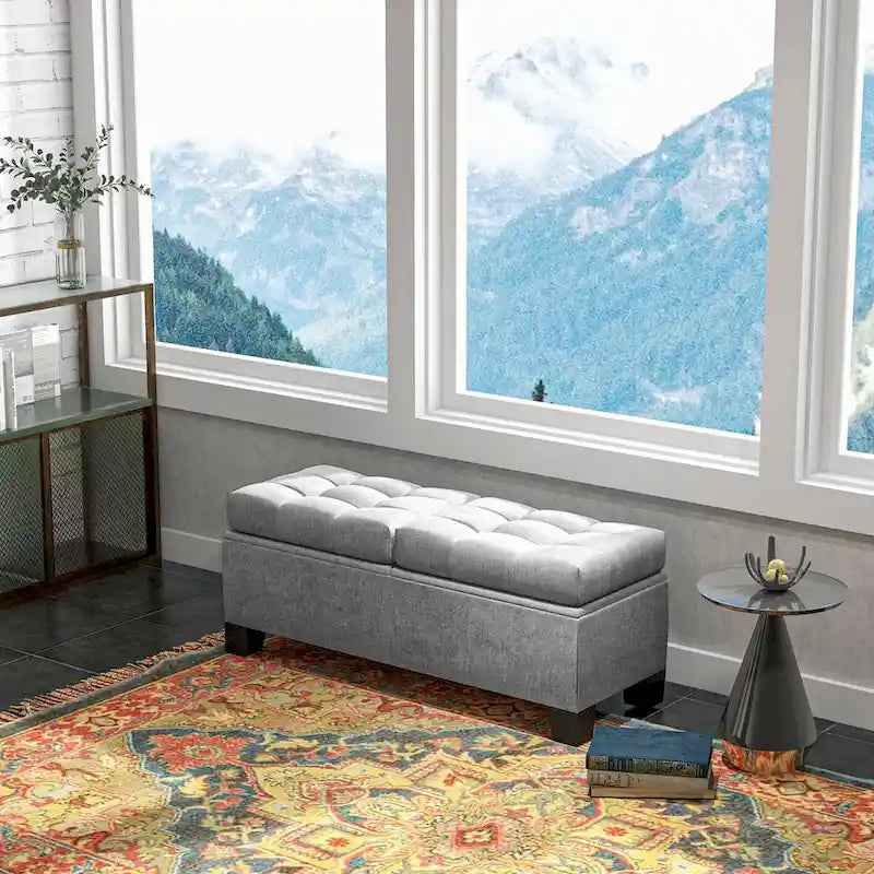 Button-Tufted Linen Storage Bench with Steel Frame and Safety Hinges – Cream White / Gray, 2-Person Use