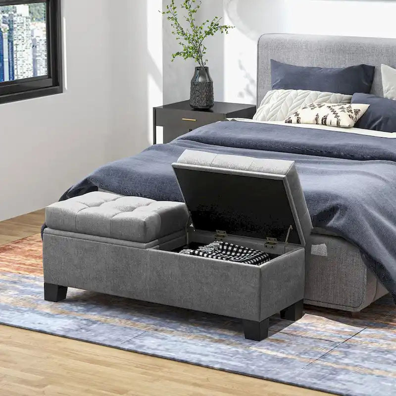 Button-Tufted Linen Storage Bench with Steel Frame and Safety Hinges – Cream White / Gray, 2-Person Use