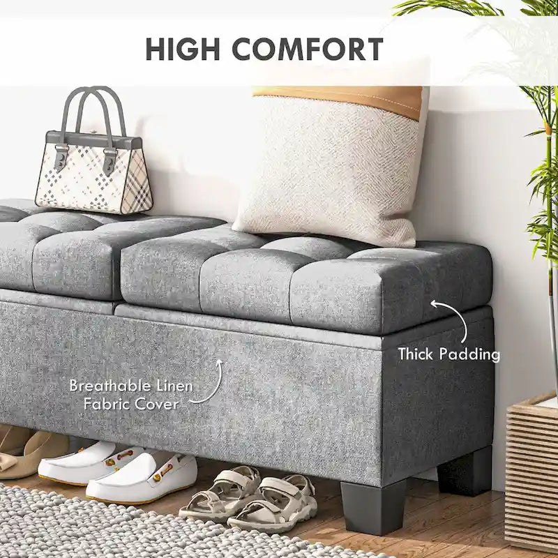 Button-Tufted Linen Storage Bench with Steel Frame and Safety Hinges – Cream White / Gray, 2-Person Use