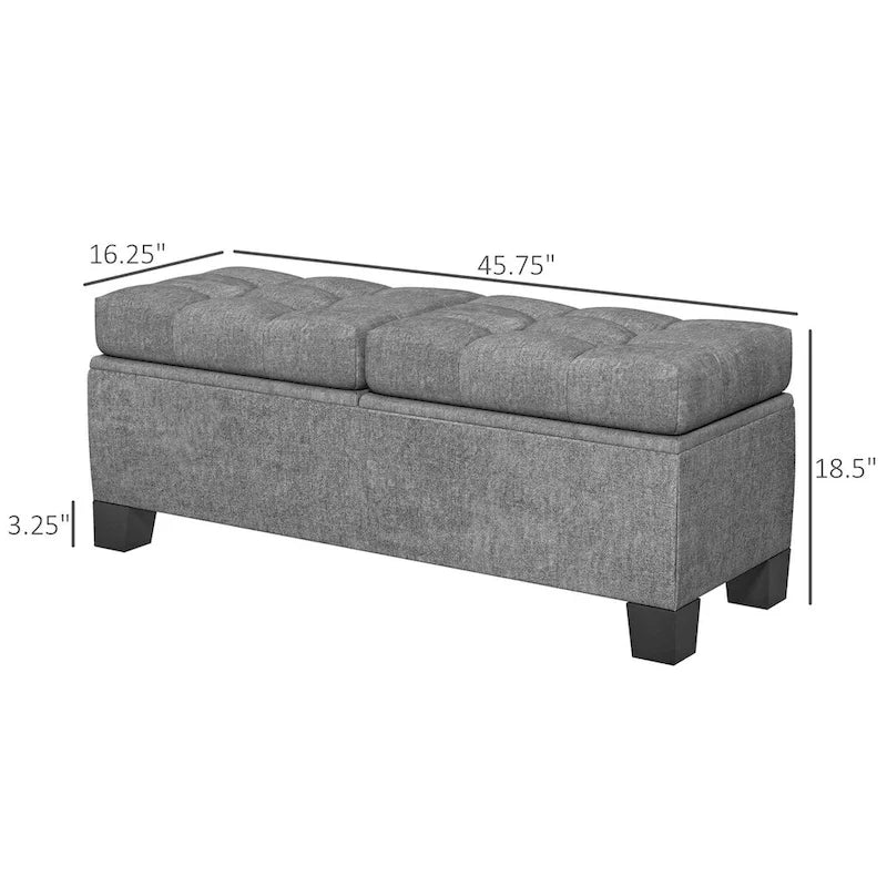 Button-Tufted Linen Storage Bench with Steel Frame and Safety Hinges – Cream White / Gray, 2-Person Use