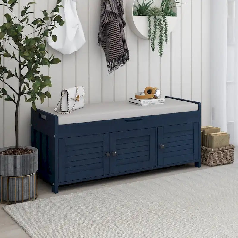 Rustic 3-Door Storage Bench with Removable Cushion and Hidden Compartment – Antique Navy / Gray Wash / White / Espresso, 2-Person Use