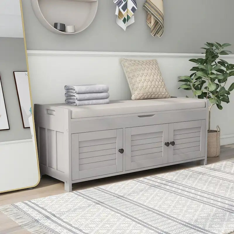 Rustic 3-Door Storage Bench with Removable Cushion and Hidden Compartment – Antique Navy / Gray Wash / White / Espresso, 2-Person Use