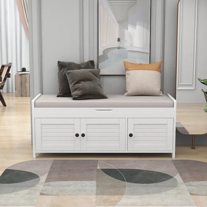 Rustic 3-Door Storage Bench with Removable Cushion and Hidden Compartment – Antique Navy / Gray Wash / White / Espresso, 2-Person Use