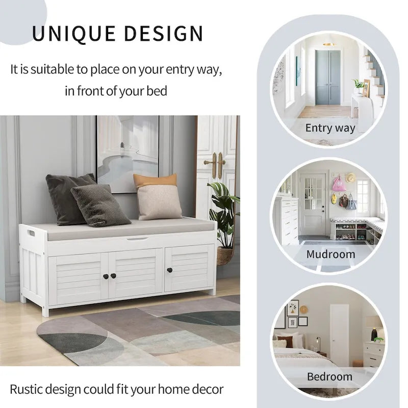Rustic 3-Door Storage Bench with Removable Cushion and Hidden Compartment – Antique Navy / Gray Wash / White / Espresso, 2-Person Use