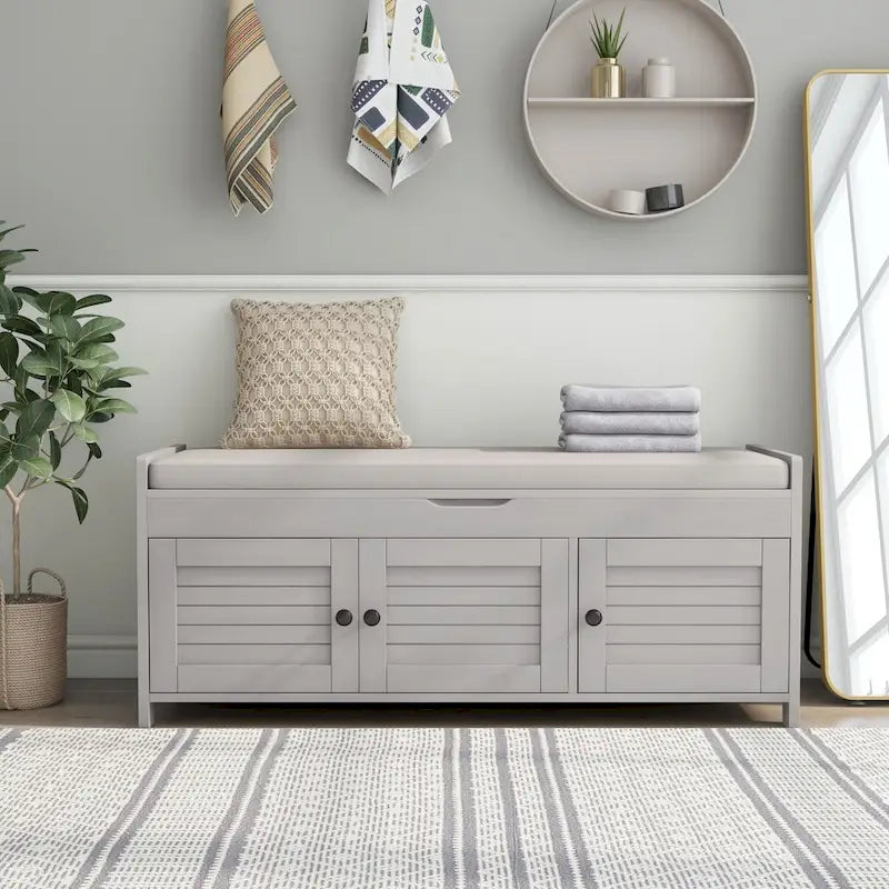 Rustic 3-Door Storage Bench with Removable Cushion and Hidden Compartment – Antique Navy / Gray Wash / White / Espresso, 2-Person Use