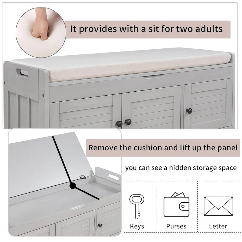 Rustic 3-Door Storage Bench with Removable Cushion and Hidden Compartment – Antique Navy / Gray Wash / White / Espresso, 2-Person Use