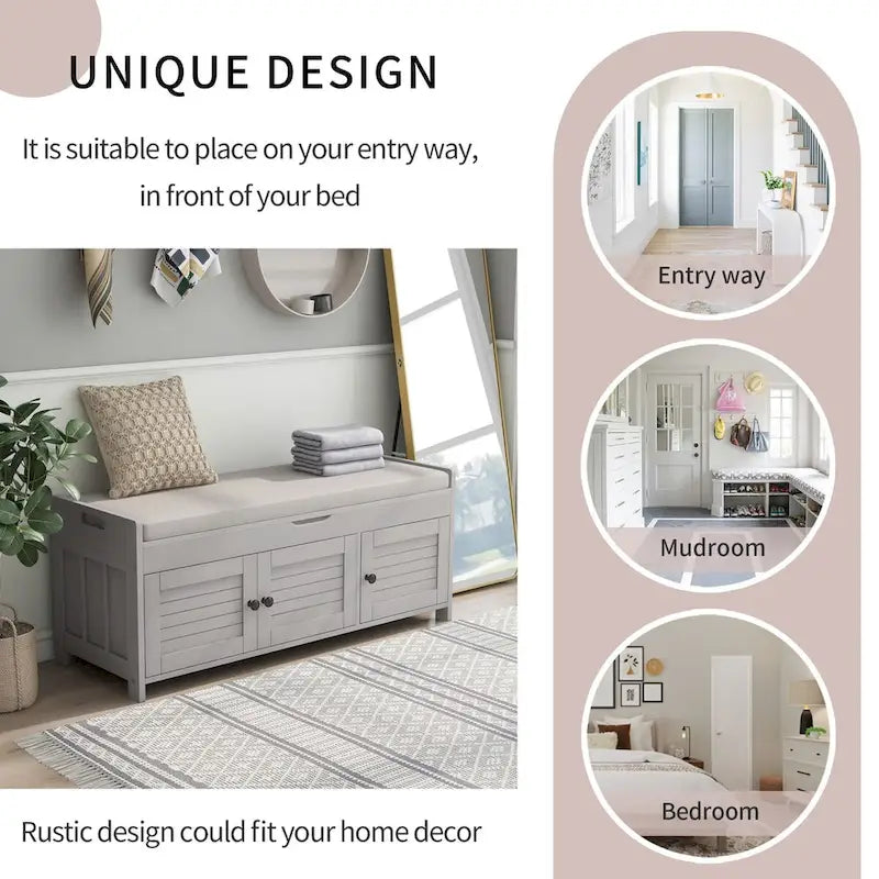 Rustic 3-Door Storage Bench with Removable Cushion and Hidden Compartment – Antique Navy / Gray Wash / White / Espresso, 2-Person Use