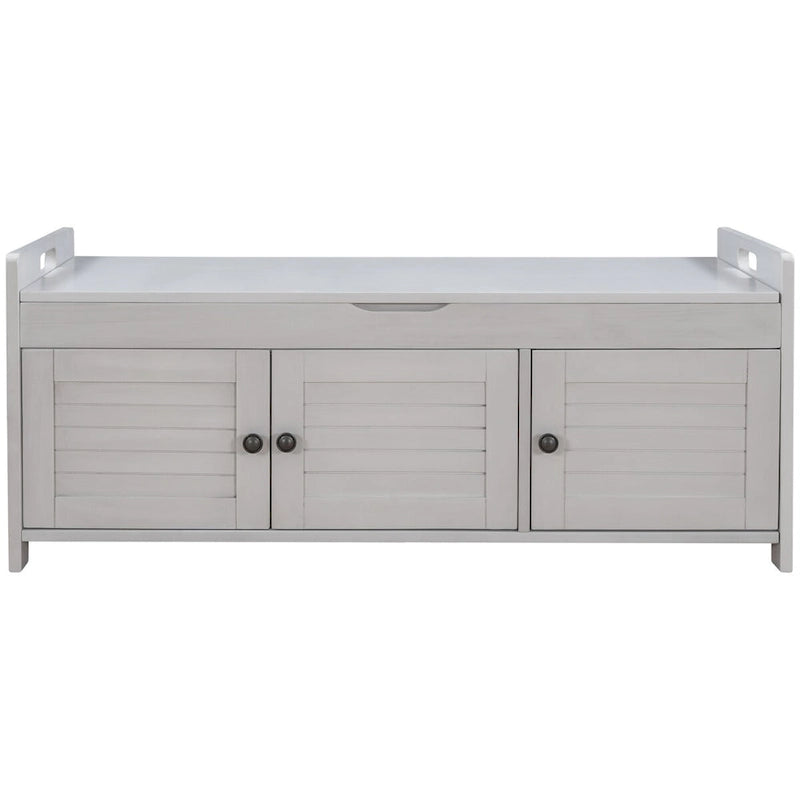 Rustic 3-Door Storage Bench with Removable Cushion and Hidden Compartment – Antique Navy / Gray Wash / White / Espresso, 2-Person Use