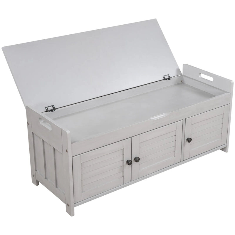 Rustic 3-Door Storage Bench with Removable Cushion and Hidden Compartment – Antique Navy / Gray Wash / White / Espresso, 2-Person Use
