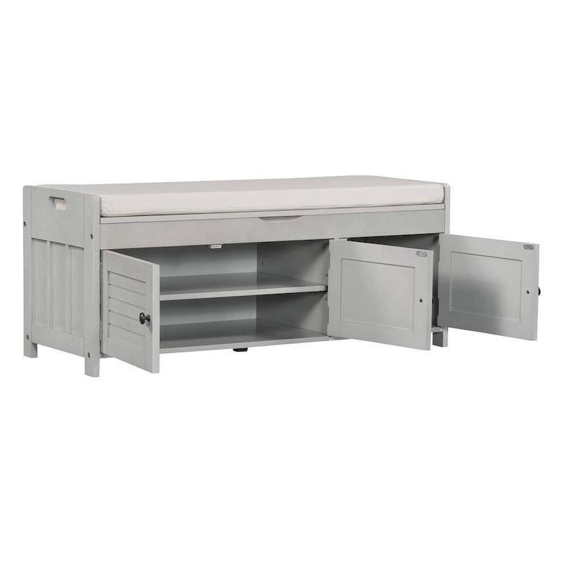Rustic 3-Door Storage Bench with Removable Cushion and Hidden Compartment – Antique Navy / Gray Wash / White / Espresso, 2-Person Use